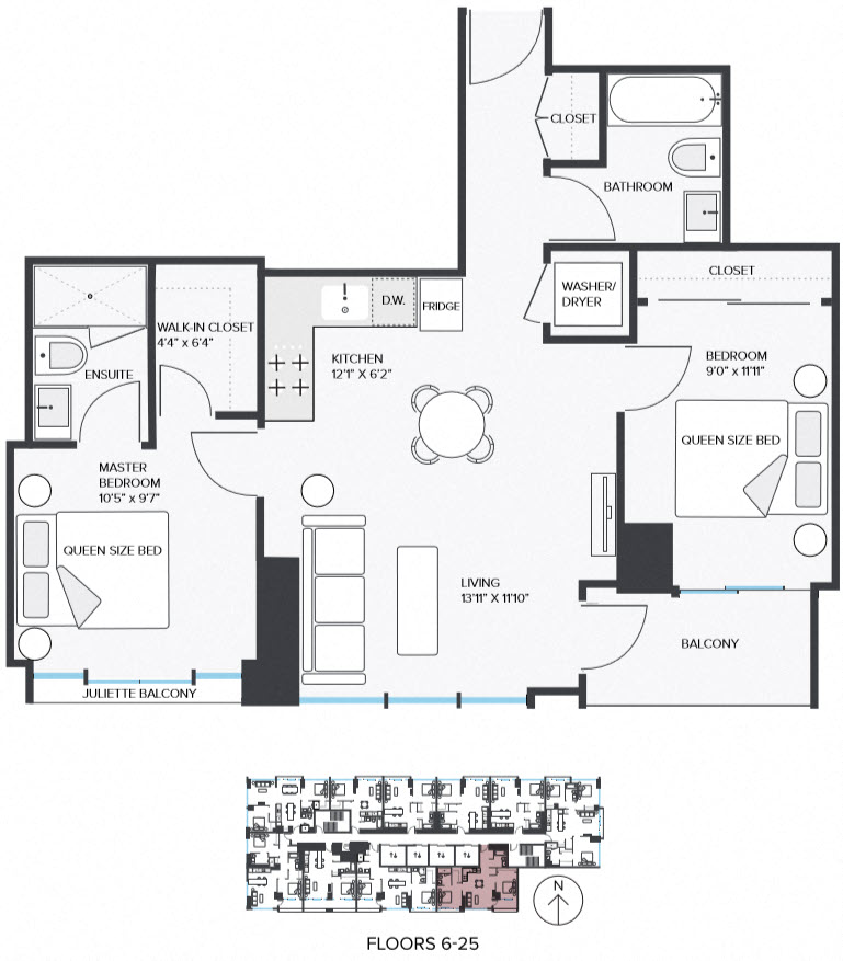 Floor plan for 2 beds, 2 baths, 874 sqft